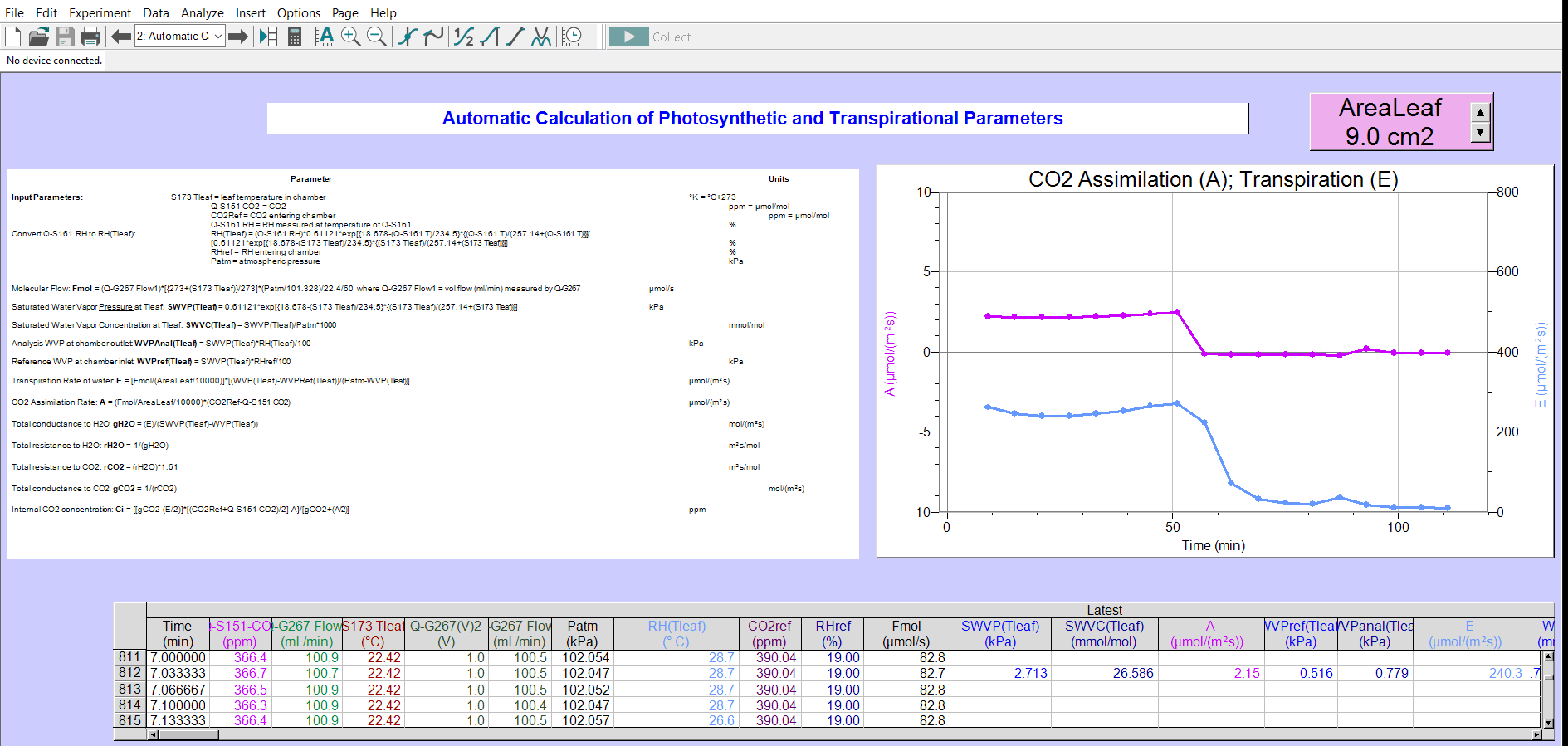 Automatic Calculations of Photosynthesis and transpiration (Page 2 in software)